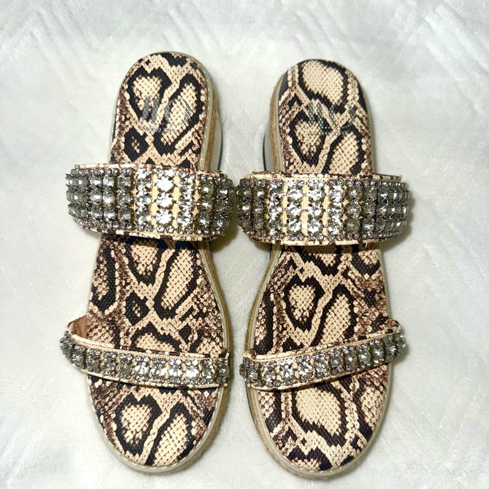 Jennifer Lopez Beige Snake-Print Slide Sandals with Crystal Straps